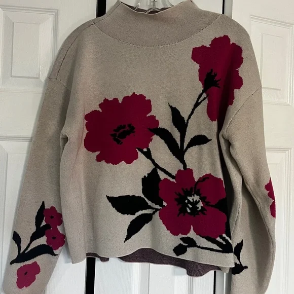 Maeve Floral Cowl Neck Sweater - Cream and Red - Picture 2 of 2